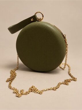 Olive Green Round Wristlet Clutch with Gold Chain. 6” Diameter